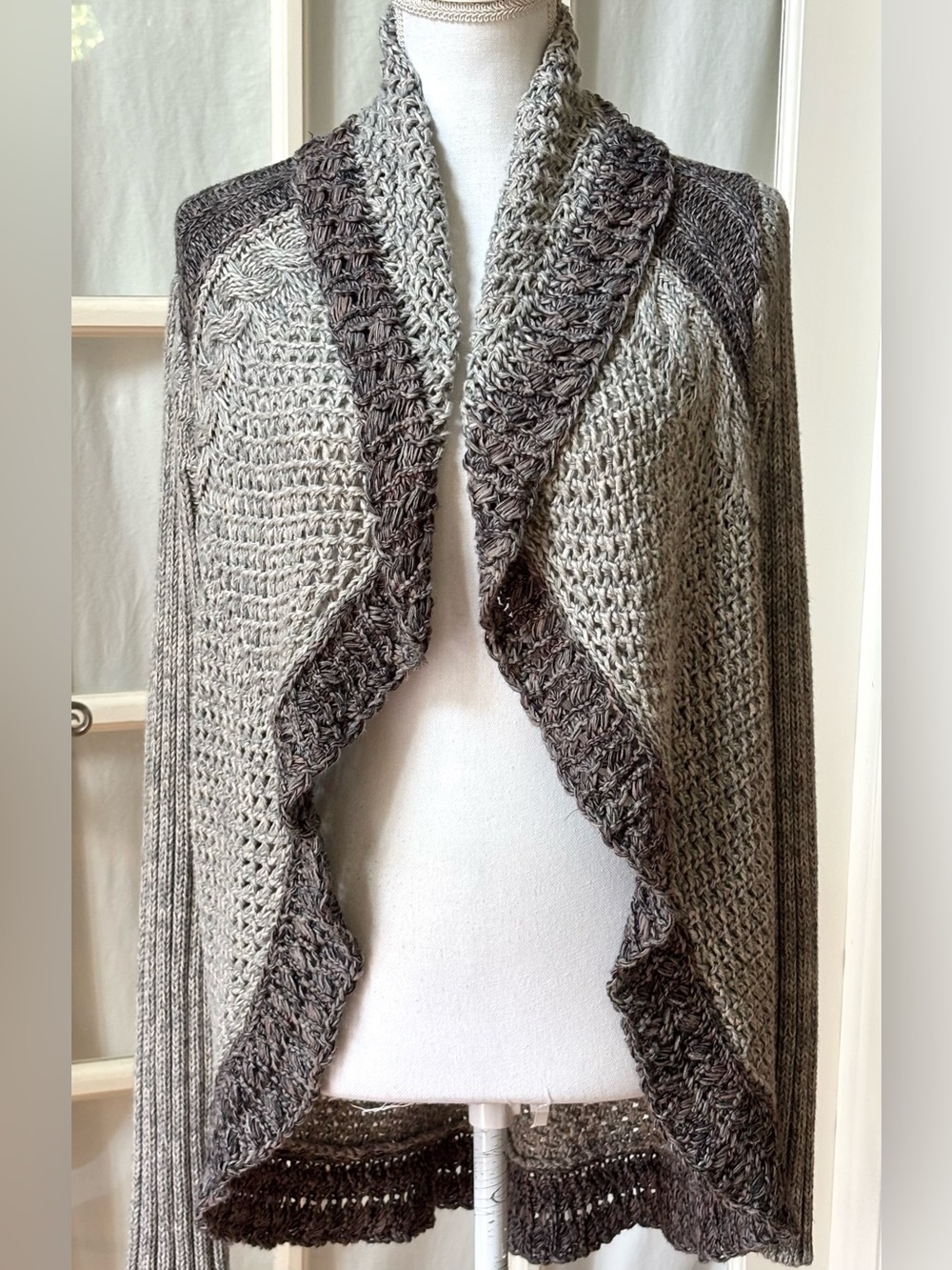 CAbi Shadow Circle Cardigan S 100% Cotton Open Knit Waterfall Boho Neutral - Picture 2 of 11